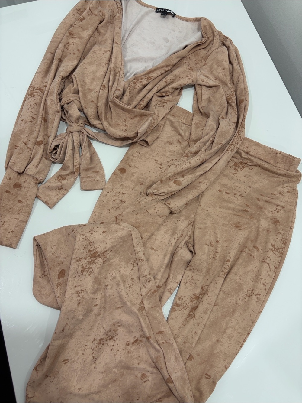 Fashion Nova Taupe Suede-Look Tie-Waist Matching set